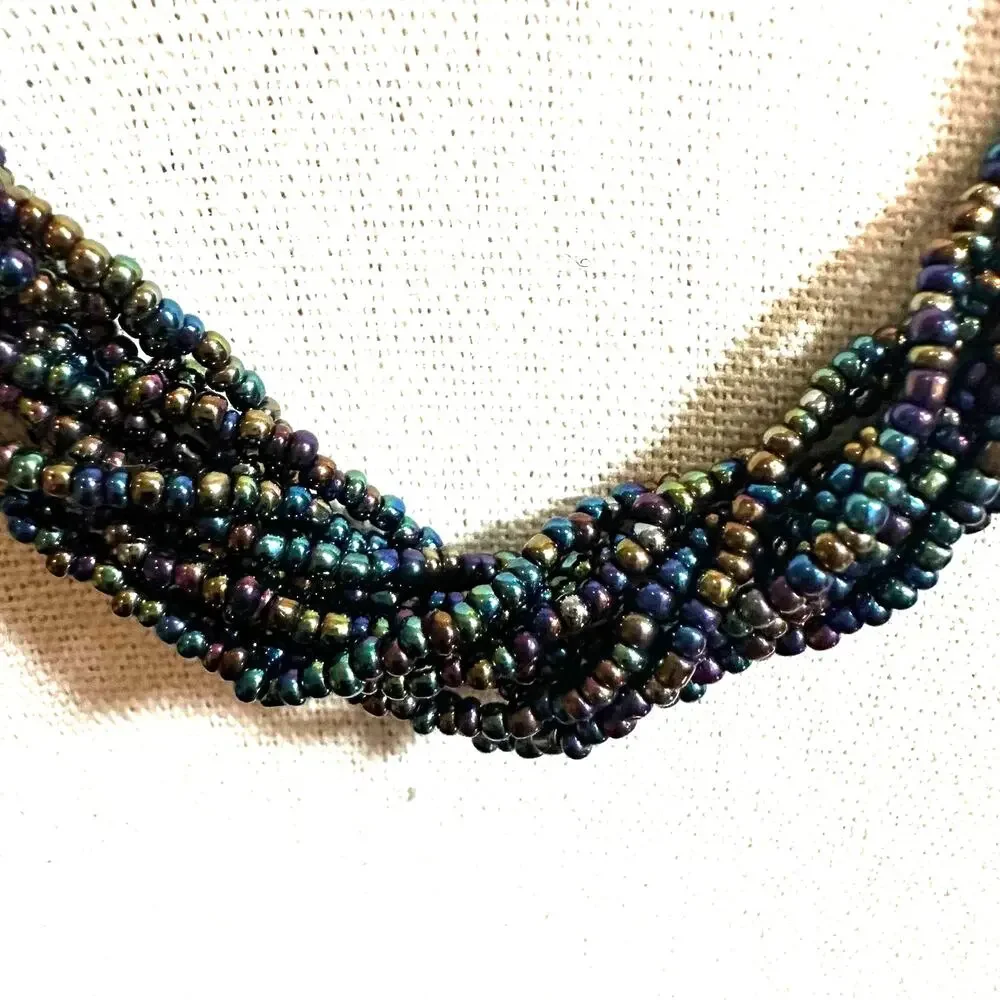 Seed Beaded Statement Necklace Iridescent Chunky Beads Multi Strand Layers